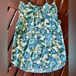 LOFT Blue and Green Floral Sleeveless Ruffle Top Blouse XXSP petite